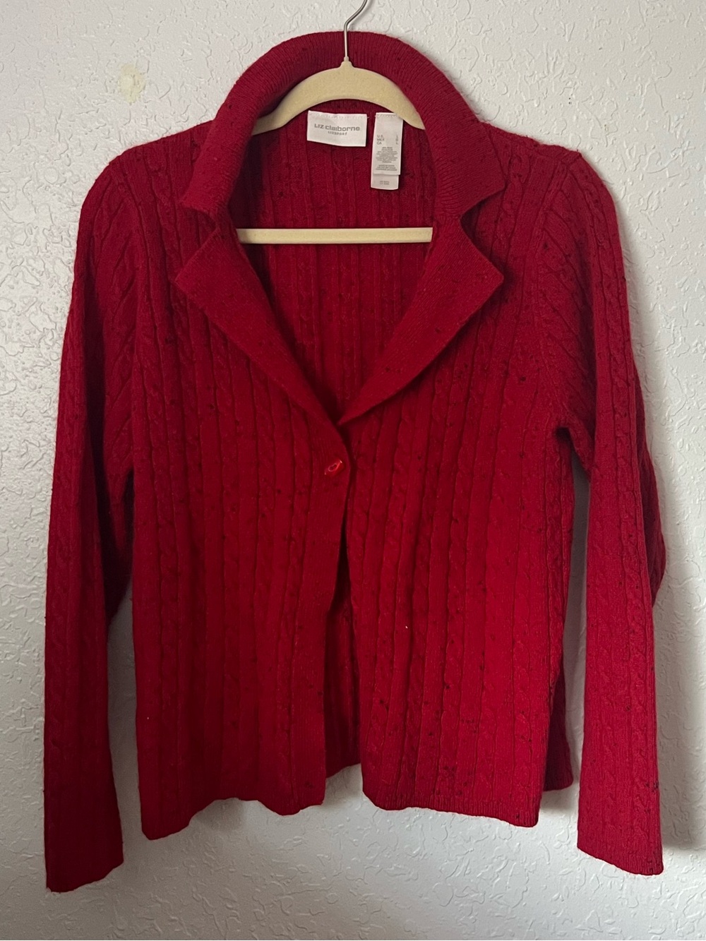 Vintage Liz Claiborne Red Cable-Knit Cardigan with Folded Collar